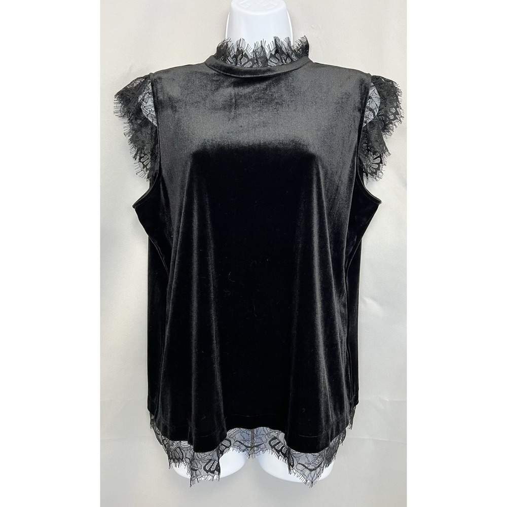 Rose +‎ Olive Top Blouse Black Velvet Sz Large Women's NWOT Lace